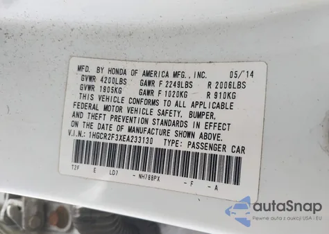 2014 Honda Accord Lx z USA, uszkodzony, nr VIN 1HGCR2F3XEA233130